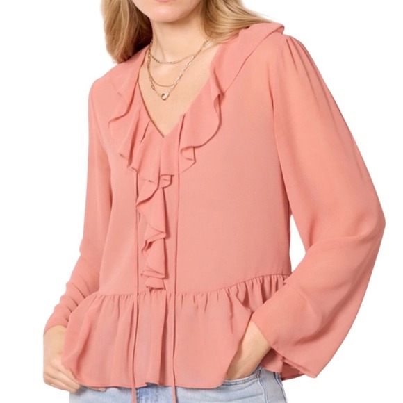 Evereve Women's Ruffle Blouse Top Tie Neck Long Sleeve Salmon Pink XL New - Picture 1 of 11